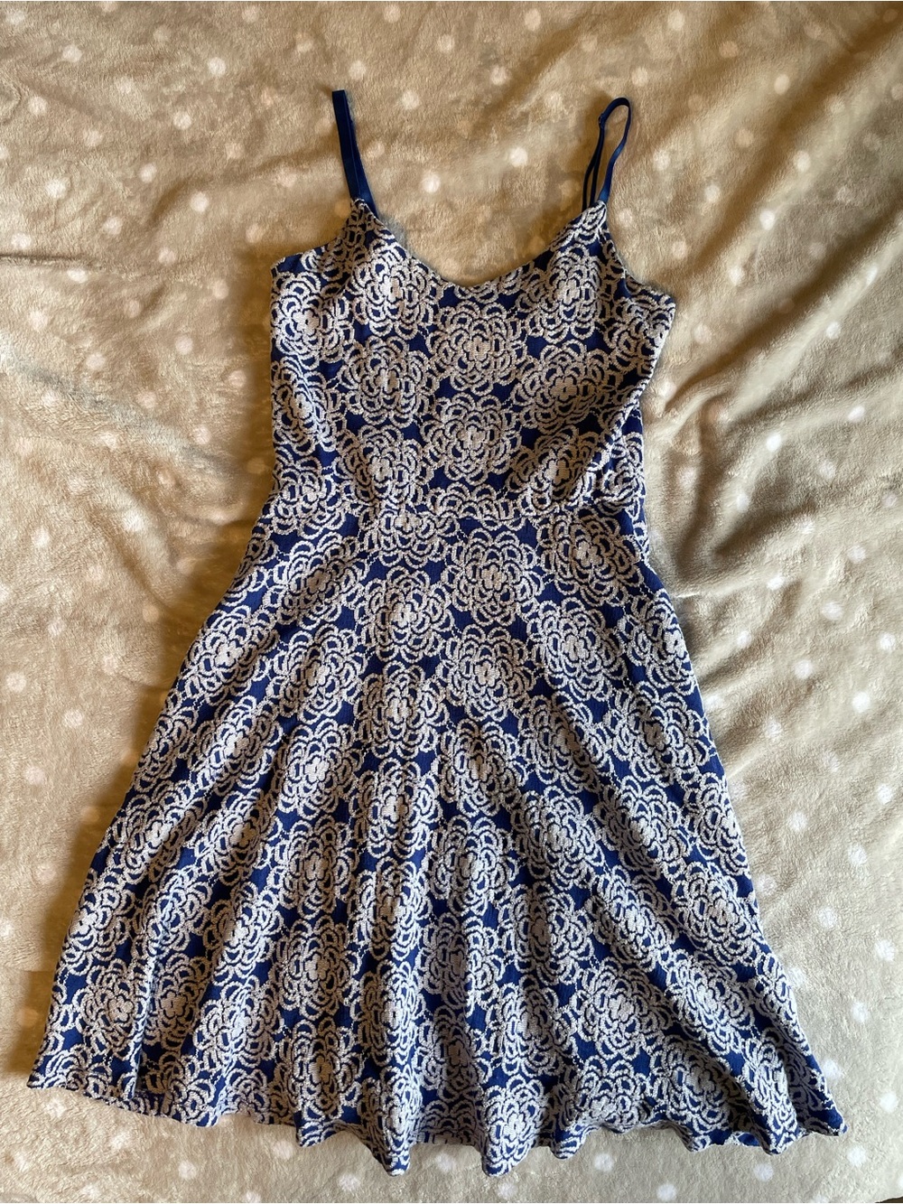 Navy Blue and White Floral Lace-Pattern Spaghetti Strap Dress